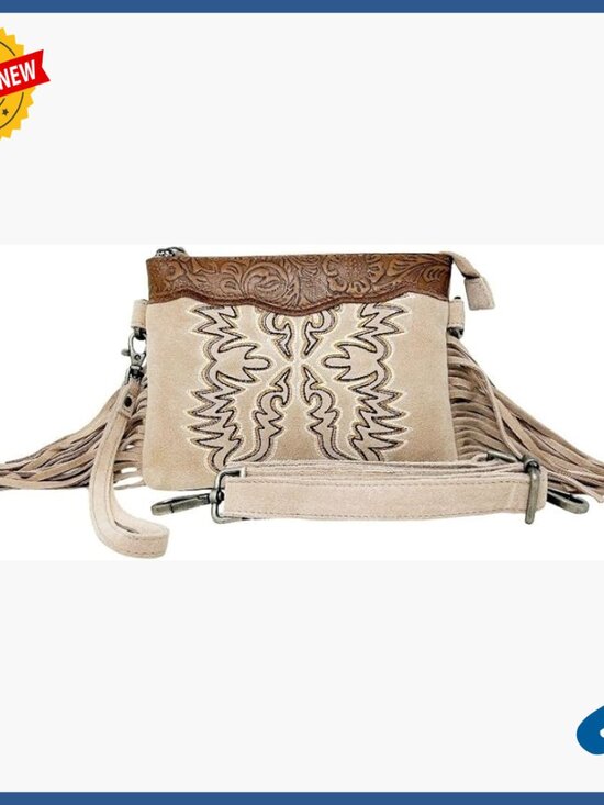 Handbags - Leather Crossbody Bag with Fringe, Adjustable Strap, Zipper Pocket